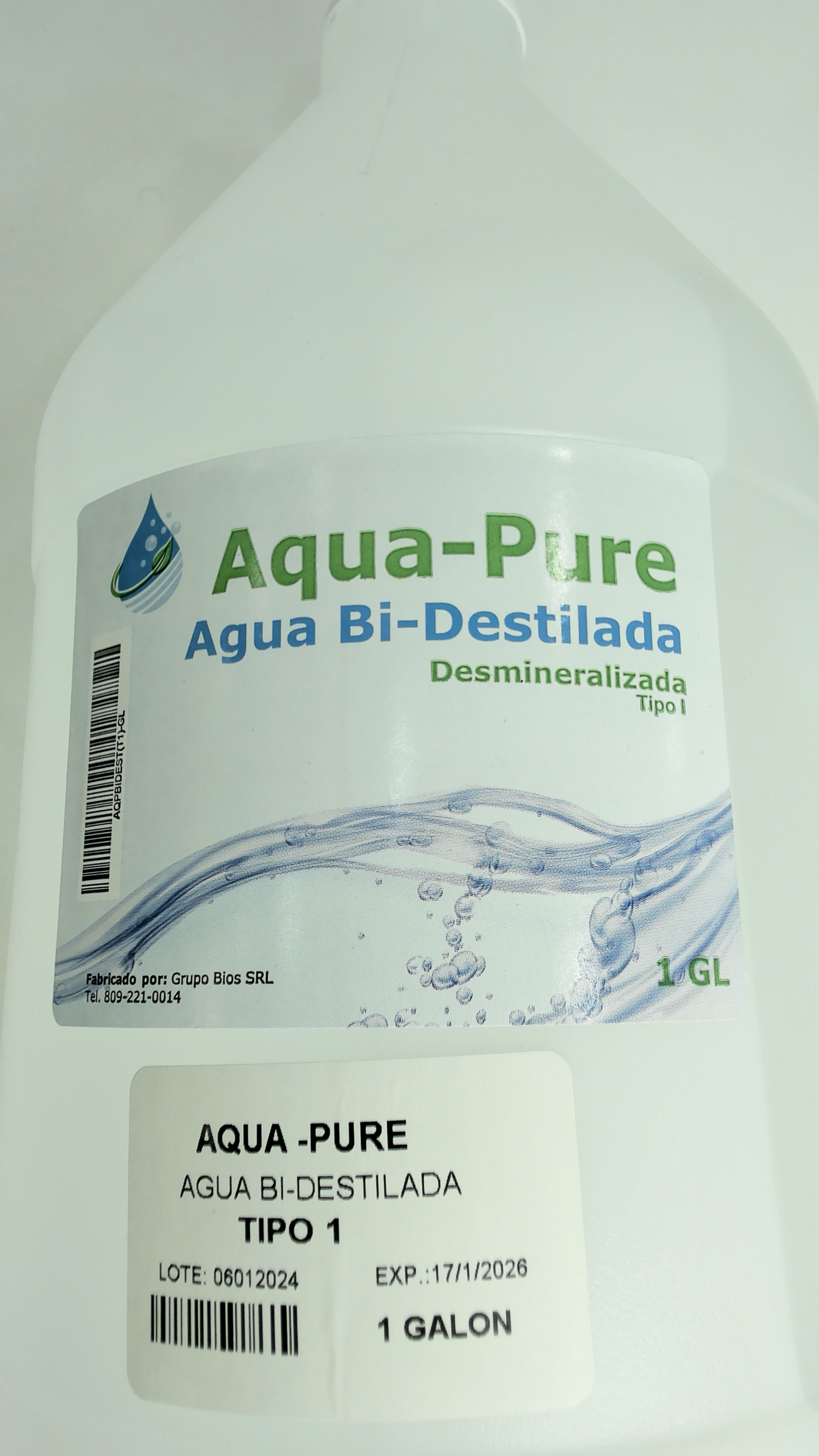 Agua Bi-Destilada, Desmineralizada, marca Aqua Pure